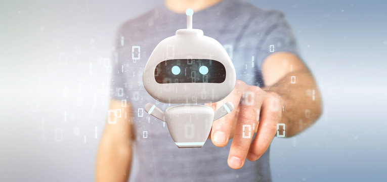 Businessman holding Chatbot with binary code 3d rendering