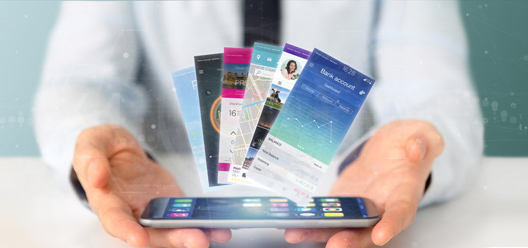 Businessman holding Mobile application template on a smartphone 3d rendering