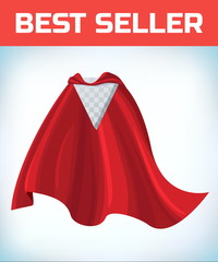 Red cape. Super hero cloak. Superhero cover. Cartoon carnival clothes. Female superhero. Woman heroine. Female power. Power sign. Leadership concept. Superhero icon. Business equality