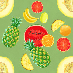 Hand drawn seamless pattern with grapefruit, coconuts, pineapples papaya and melon.