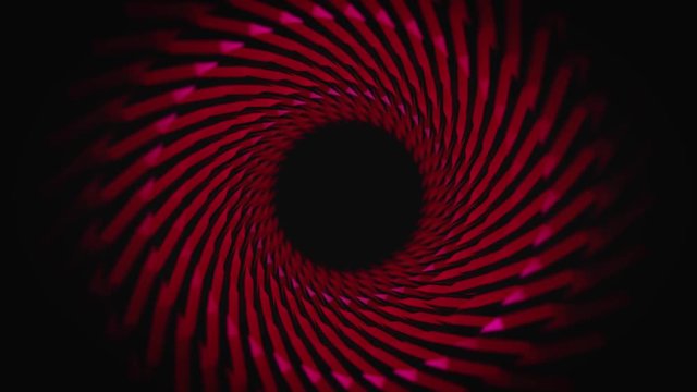 Red swirling moving tunnel on black background, seamless loop. Animation. Abstract colorful animationof a tunnel rotating endlessly.