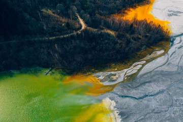 Drone view of contaminated, toxic water stream in Geamana, Romania