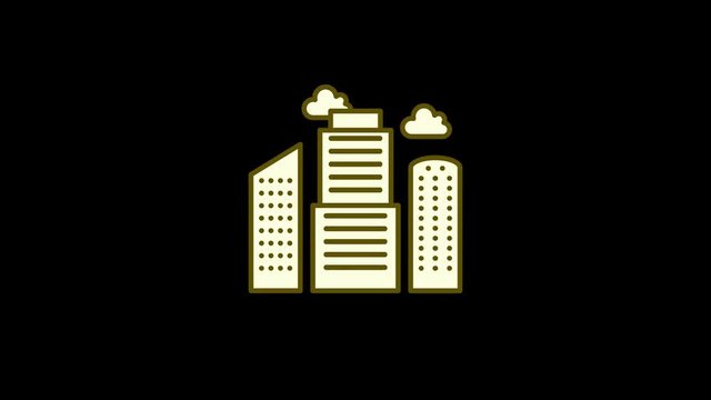 Building icon animation on black background.Video animation. 4K resolution.