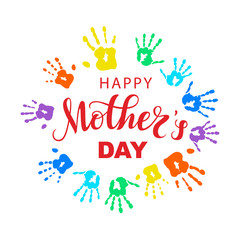 Vector Hand drawn lettering Happy Mothers Day on white background. Bright modern naive inscription for design, background, card, print, sticker, banner. Greeting card with text and decorative elements