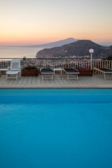 Swimming pool on the Amalfi Coast with views of the Gulf of Naples and Vesuvius. Sorrento. Italy