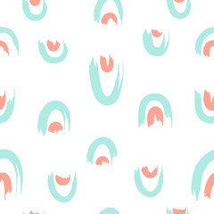 Hand drawn brush strokes seamless pattern. Abstract hand painted brush smear repeat texture in blue and pink on white background.