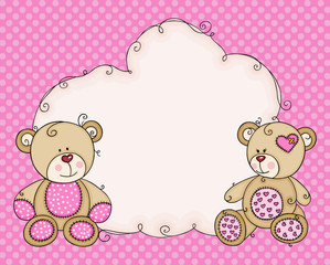 Fototapeta premium Greeting pink card with teddies and cloud blank label