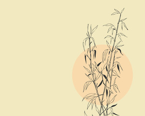 minimal illustration with sketchy bamboo stalks with a sun circle behind them. Beige palette.