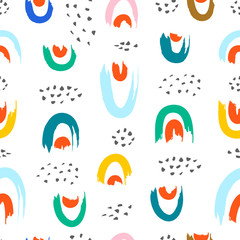 Hand drawn brush strokes seamless pattern. Abstract hand painted brush smear repeat texture in colored on white background.