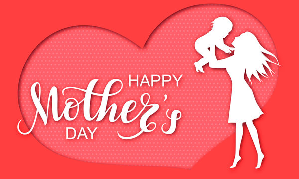 Paper cut women silhouette with little child, red corall holiday background. Happy Mother's day greeting card. Vector illustration mother and baby.