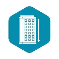 Tall building and down arrow icon. Simple illustration of tall building and down arrow vector icon for web