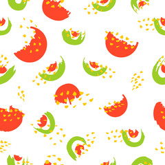 Seamless repeating pattern with hand drawn slices of watermelon and shapes on white background. Modern textile, greeting card, poster, wrapping paper designs.