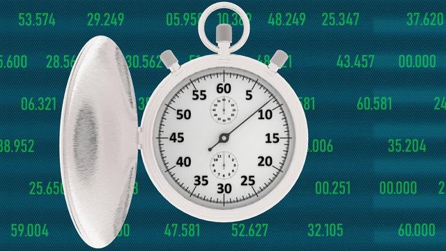 Animazione illustrazione 3D. Cronometro. Cronografo, al via, misura un minuto..