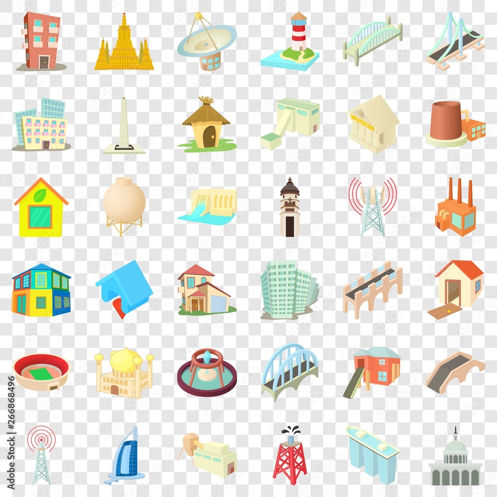 Poster tall building icons set. cartoon style of 36 tall building vector icons for web for any design