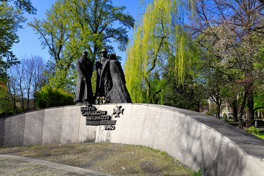 Katowice, Poland - Katyn victims memorial monument by sculptor Stanislaw Hochul and architect Marian Skalkowski at the Plac Andrzeja square in Katowice