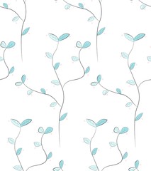Seamless pattern of branches with blue leaves and pink circles