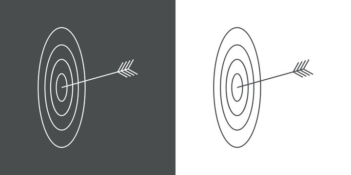 Icono plano lineal flecha en diana en gris y blanco