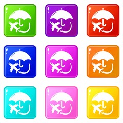 Obraz premium Insurance fly icons set 9 color collection isolated on white for any design