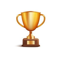 Golden winner award first place cup or champion prize 3d vector isolated on white.