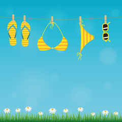 summer holiday design with hanging flip flop bikini and sunglasses on a rope daisy flower and grass vector illustration EPS10