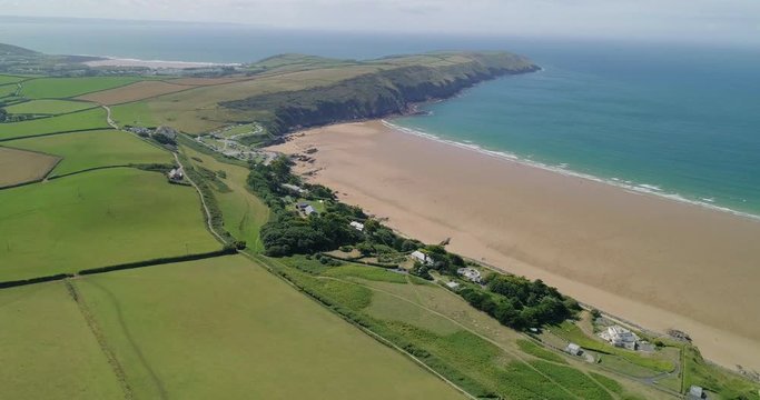 Aerial shot of Putsborough Sands in North Devon, United Kingdom