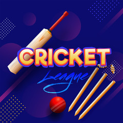Stylish text of Cricket League with bat, ball and wicket stumps on abstract background.