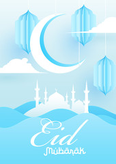Paper cut style background with crescent moon, hanging lanterns and silhouette mosque for Eid Mubarak template or flyer design.