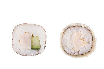 Classic sushi at white background. Japanese seafood sushi , roll a white background. Close-up.