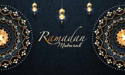 Web header banner or poster design with floral pattern and stylish text of Ramadan Kareem in golden color.