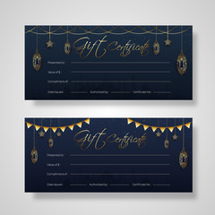 Two sets of gift certificate card design with decoration of golden color lantern on gray background.