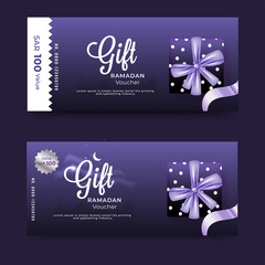Purple Gift Voucher banner layout set with gift box and discount offer for Ramadan celebration.