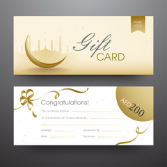 Horizontal gift card or banner set with silhouette mosque, crescent moon and discount offer for Islamic festival.