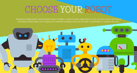 Robot with car wheel, robotic humanoids for kid party poster vector illustration. Happy birthday party welcome. Futuristic artificial intelligence technology. Electronical device.