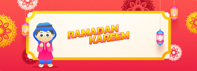 Website header or banner design. Illustration of cute Muslim boy in Salah (Prayer, Namaz) position on red background with Geometric flower decoration.