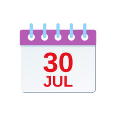 July 30 calendar icon. Friendship Day reminder calendar. Vector. Planner holiday date isolated on white background. Color illustration in flat design.