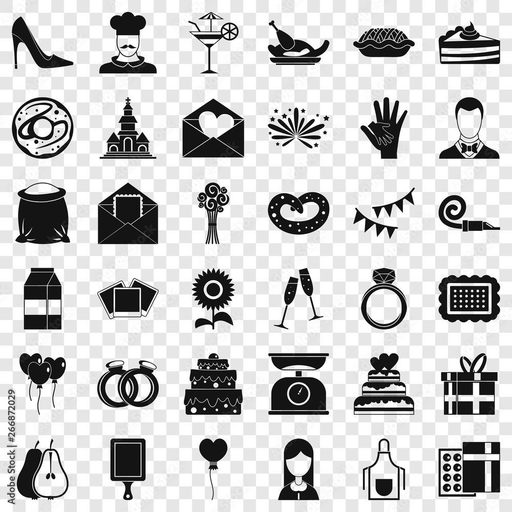 Poster party cake icons set. simple style of 36 party cake vector icons for web for any design