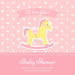 Baby Shower card. Vector. Baby girl invitation banner. Welcome template invite. Birth party background. Happy greeting holiday poster with rocking horse. Cute pink design. Cartoon flat illustration.