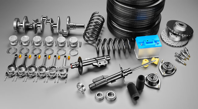 Auto parts spare parts car on the grey background. Set with many new items for shop or aftermarket. Auto parts for car. 3D rendering