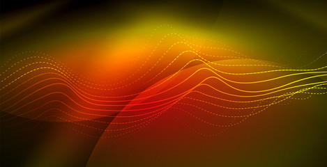 Glowing abstract wave on dark, shiny motion, magic space light. Techno abstract background