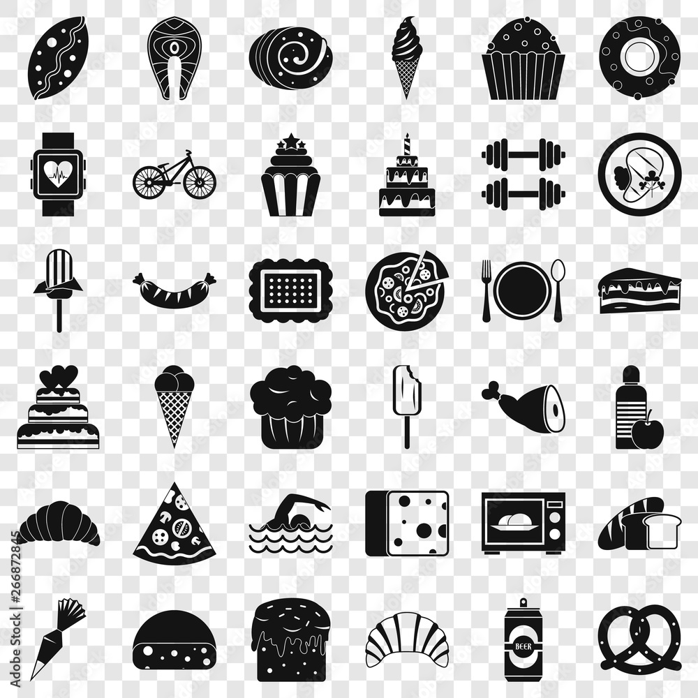 Poster sweet calories icons set. simple style of 36 sweet calories vector icons for web for any design