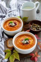 Bowls of pumpkin soup