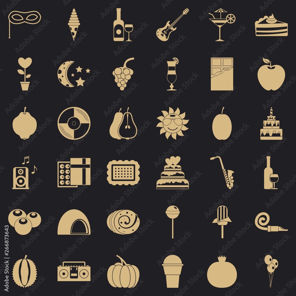 Poster fruit party icons set. simple style of 36 fruit party vector icons for web for any design