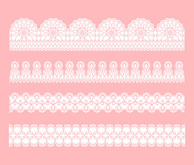 Lace seamless border. Set of white lace tracery ribbons. Template for design, cards, wedding invitations. Vector illustration.