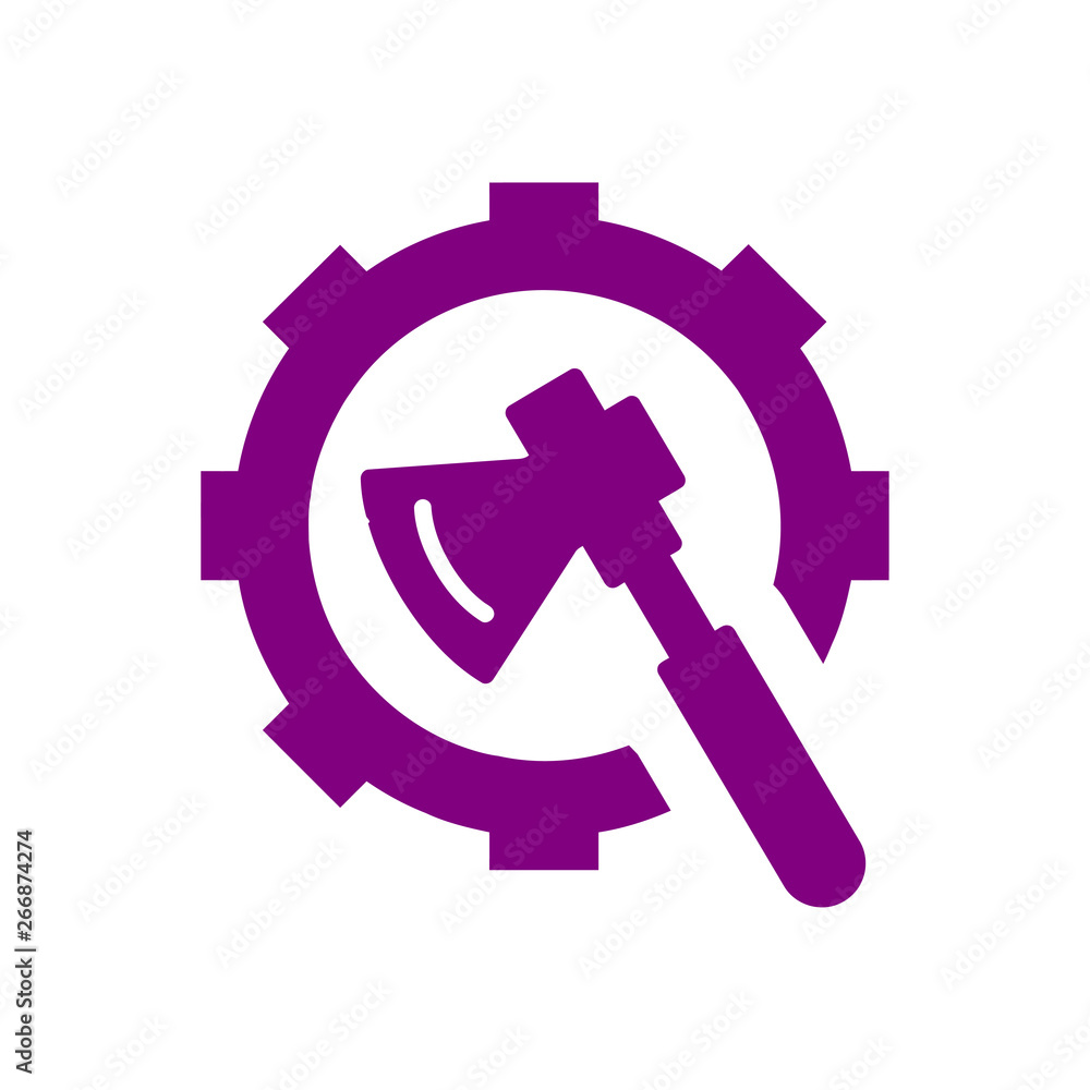 Poster ax with gear, ax with with hand , work tool icon