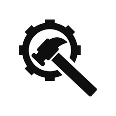 hammer with hand , hammer with gear , service tool , work tool icon 