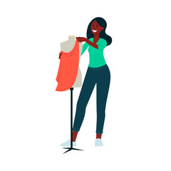 African-American woman standing near mannequin and attaching fabric to it cartoon style