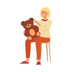Woman sitting on chair and sewing children toy cartoon style