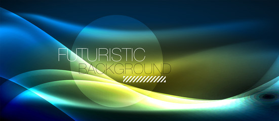 Glowing abstract wave on dark, shiny motion, magic space light. Techno abstract background