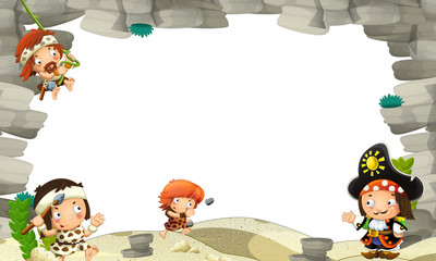 cartoon scene with cavemen and pirate captain frame for text - illustration for the children