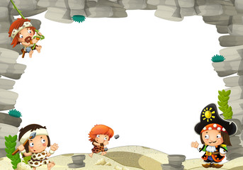cartoon scene with cavemen and pirate captain frame for text - illustration for the children